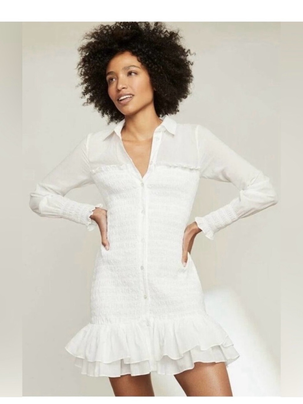 Veronica Beard White Kelsey Button Down Smocked Shirt Dress Sz 10 Worn 1 Time…